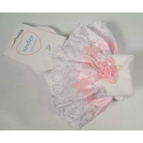 Babysokjes met kant wit met roze 