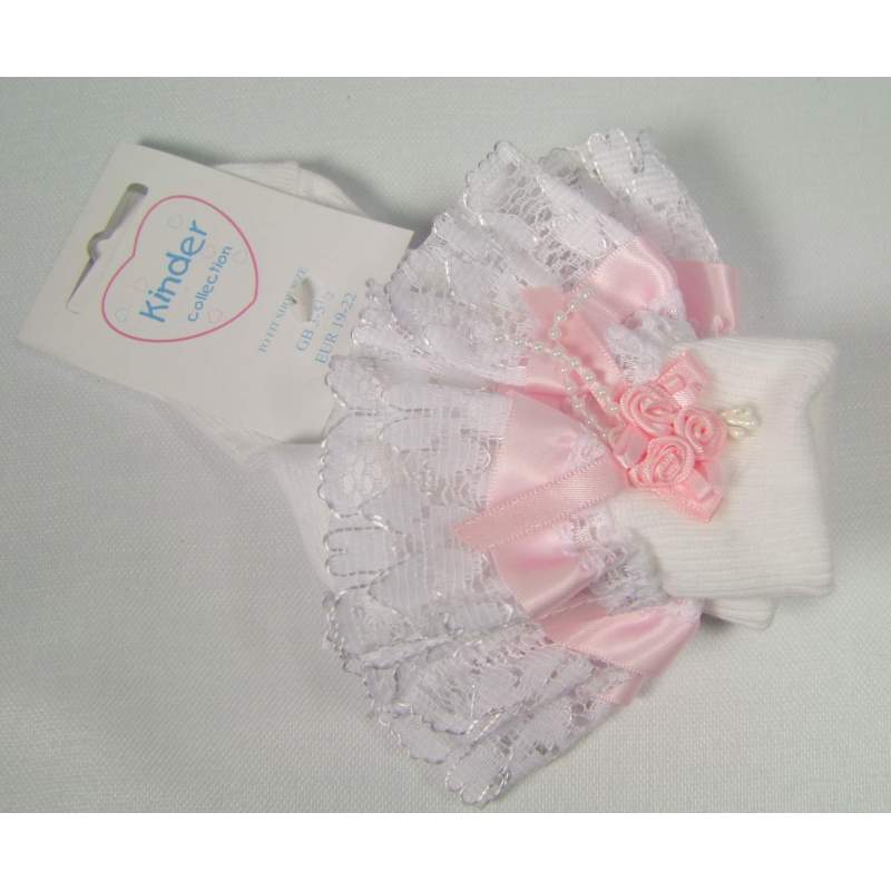Langwerpig Sui feit Babysokjes met kant wit met roze - Stephanie's Bruidsmode -  Kinderfeestkleding - Bruidsstyling