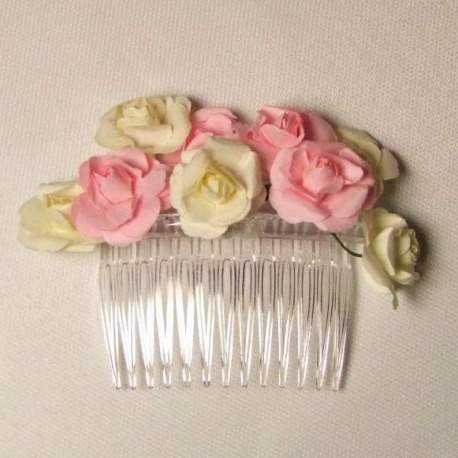 Haarkam met ivoor en roze roosjes